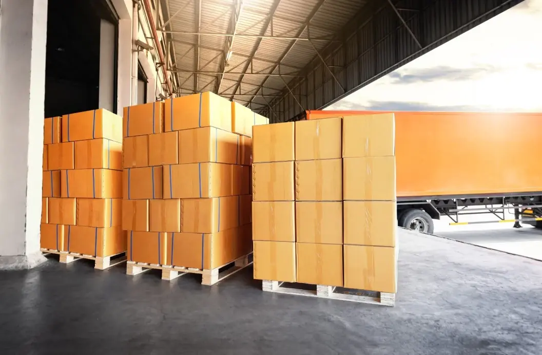 Ecommerce products palletized for freight shipping.